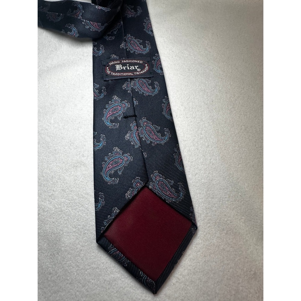 Briar Mens Navy Blue Paisley Silk Tie Hand Fashioned Italian Fabric Made in USA - Picture 7 of 9